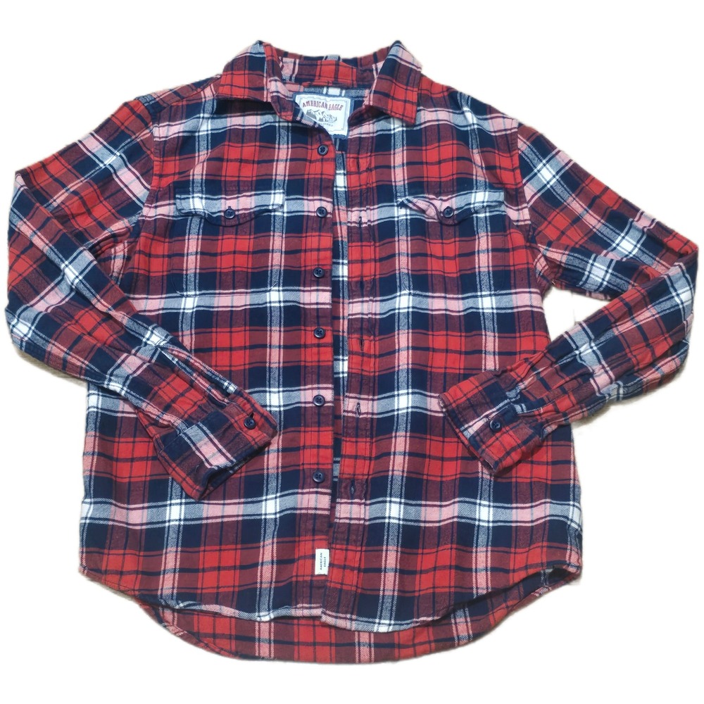 American Eagle Mens Small‎ Red Blue Plaid Flannel Button Down Shirt 100% Cotton